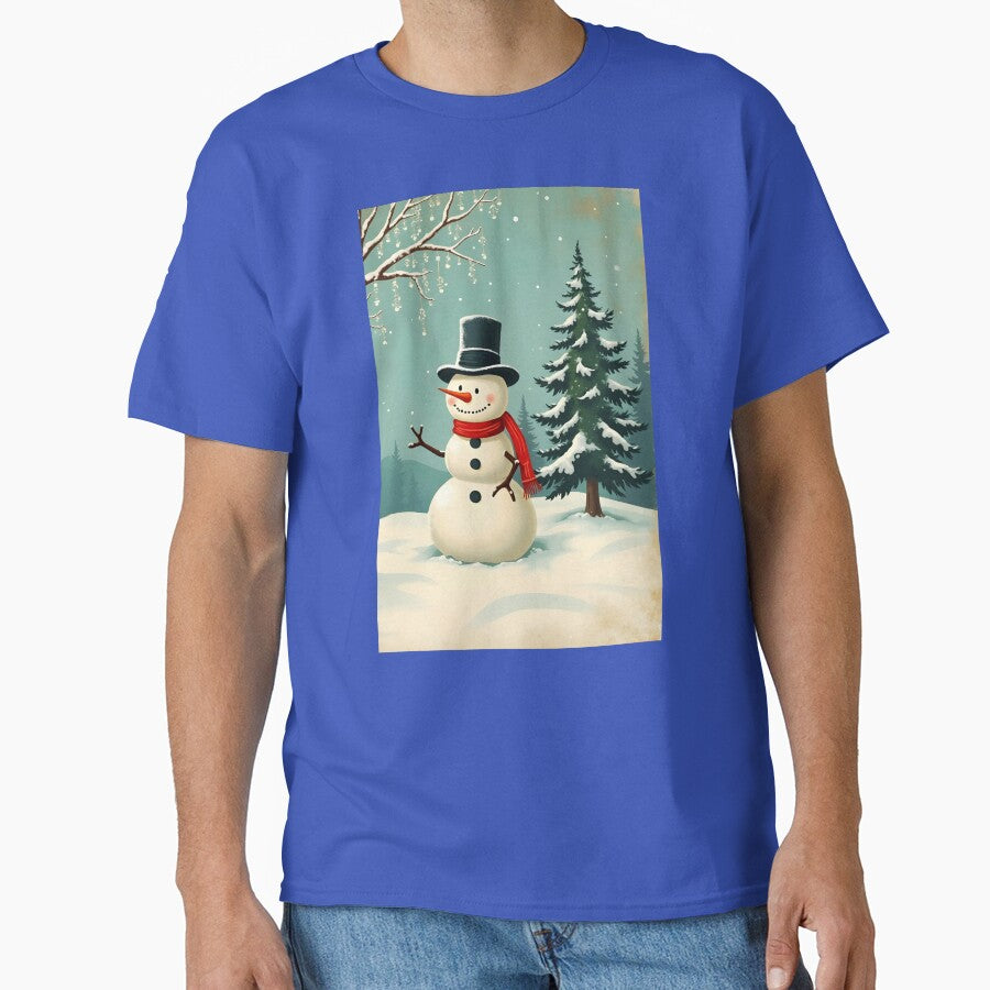 Vintage Snowman next to a pine tree postcard design by EmeraldeaDesign