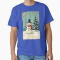 Vintage Snowman next to a pine tree postcard design by EmeraldeaDesign