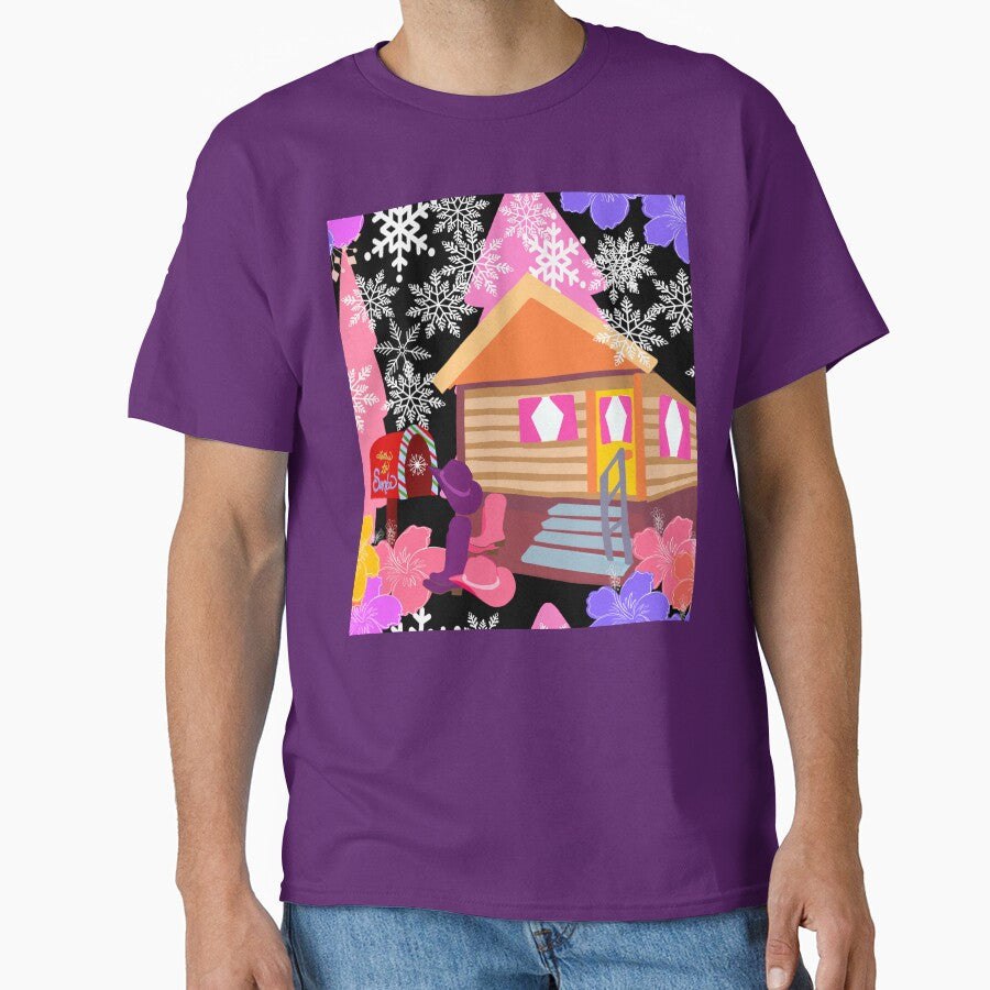 Hand Drawn Christmas Cabin with Tropical Flowers + Cowgirl hats, Cowgirl boots, Trees by Victoria Rose