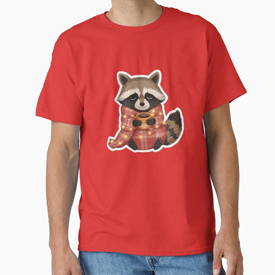 Cozy Raccoon Coffee Sticker | Winter Raccoon with Coffee Mug and String Lights | Forest Animal Illustration | Cozy Woodland Art by Pandey14