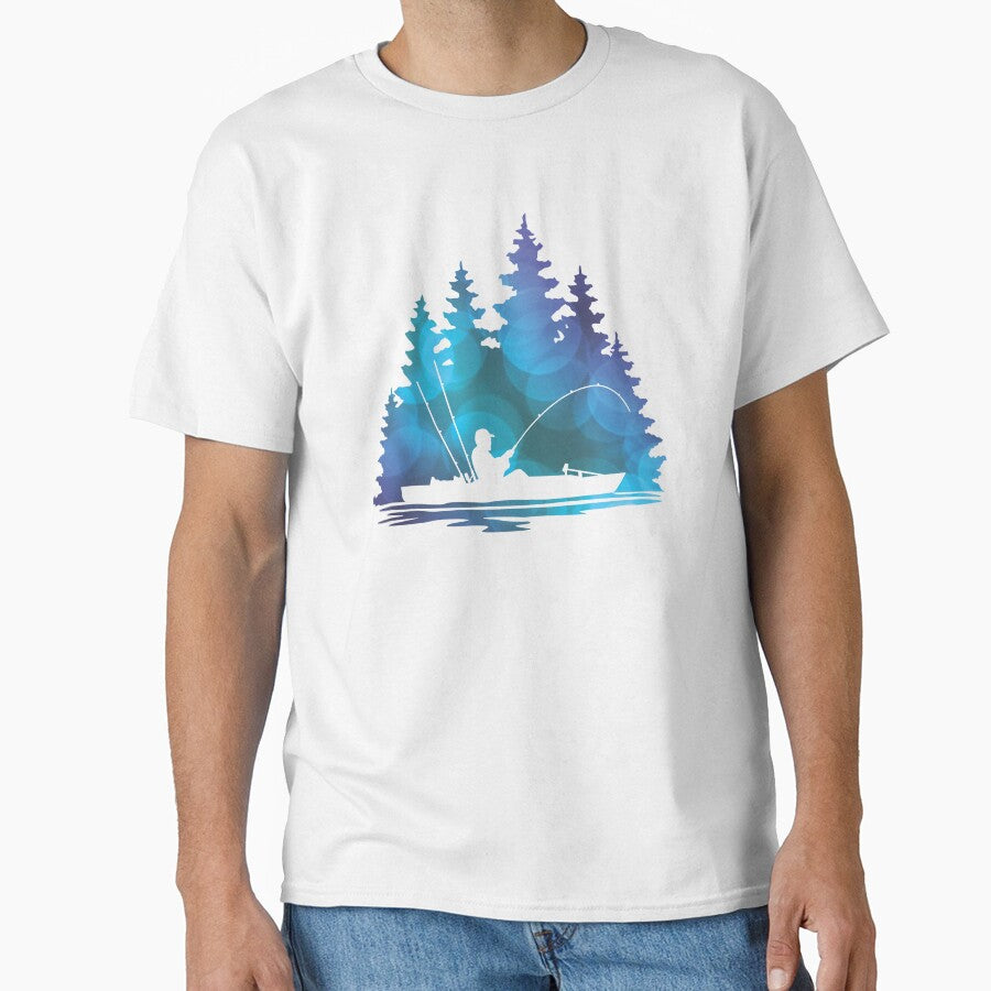 Kayak Fisherman Lake Scene With Blue Abstract Background by Sam Morrison