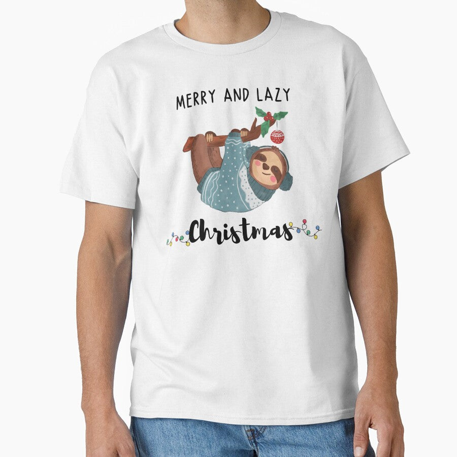 Merry and Lazy Christmas with a Cute Sloth in a Blue Sweater Hanging on a Branch by quinellie