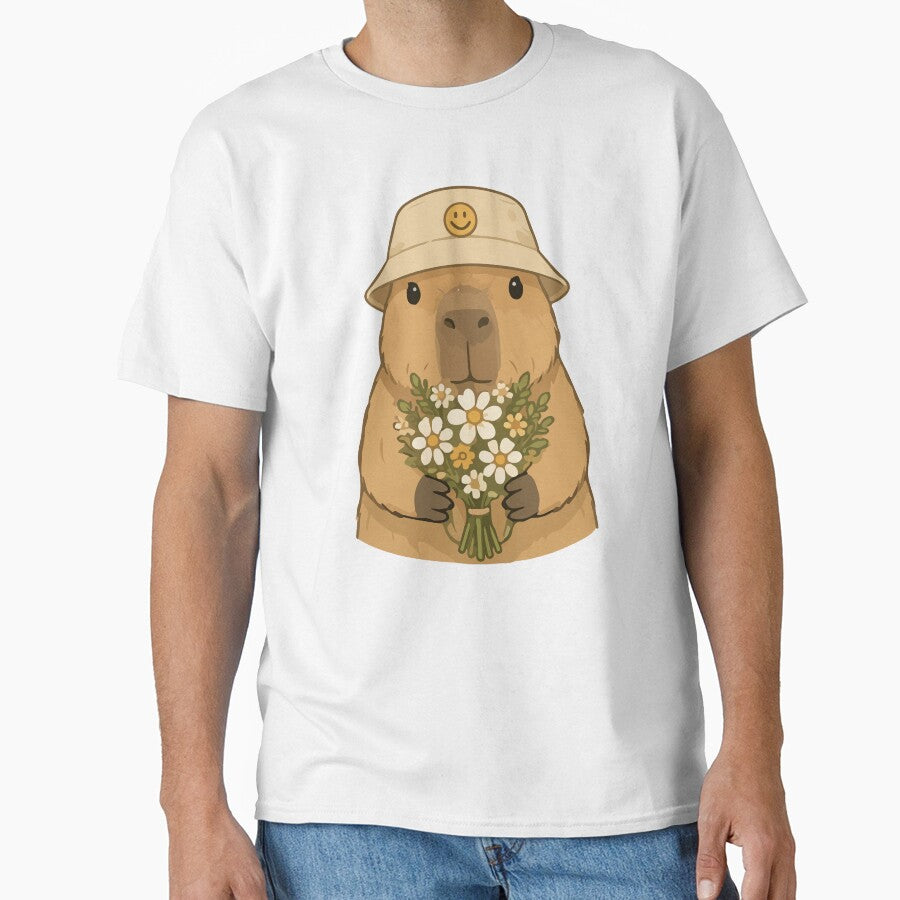 Capybara Cartoon with Flowers and Smiley Hat by stylishdzign