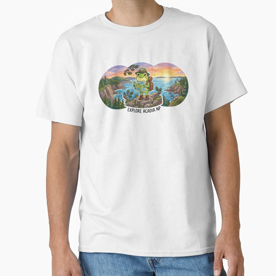 Cute Frog Tourist in Acadia National Park – Cute Travel Cartoon Art by ArtsyExplorer