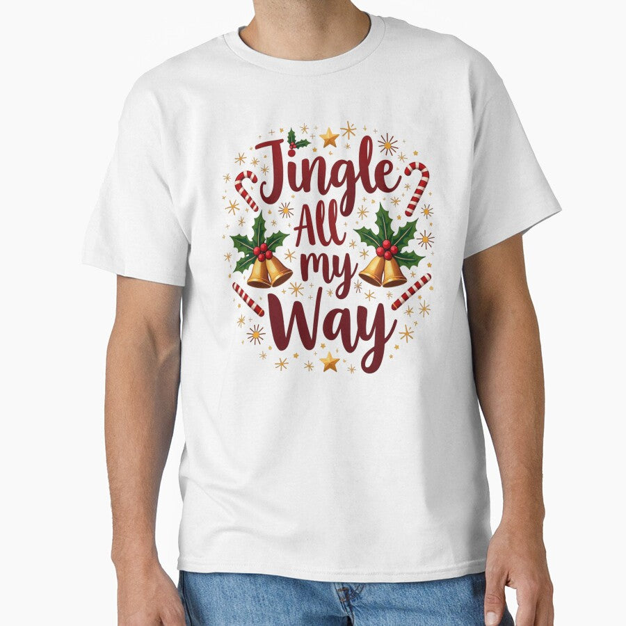 Jingle All My Way Christmas Quote. Festive Holiday Bells & Candy Cane Design by Aarvya Fashion Club ( A.F.C )