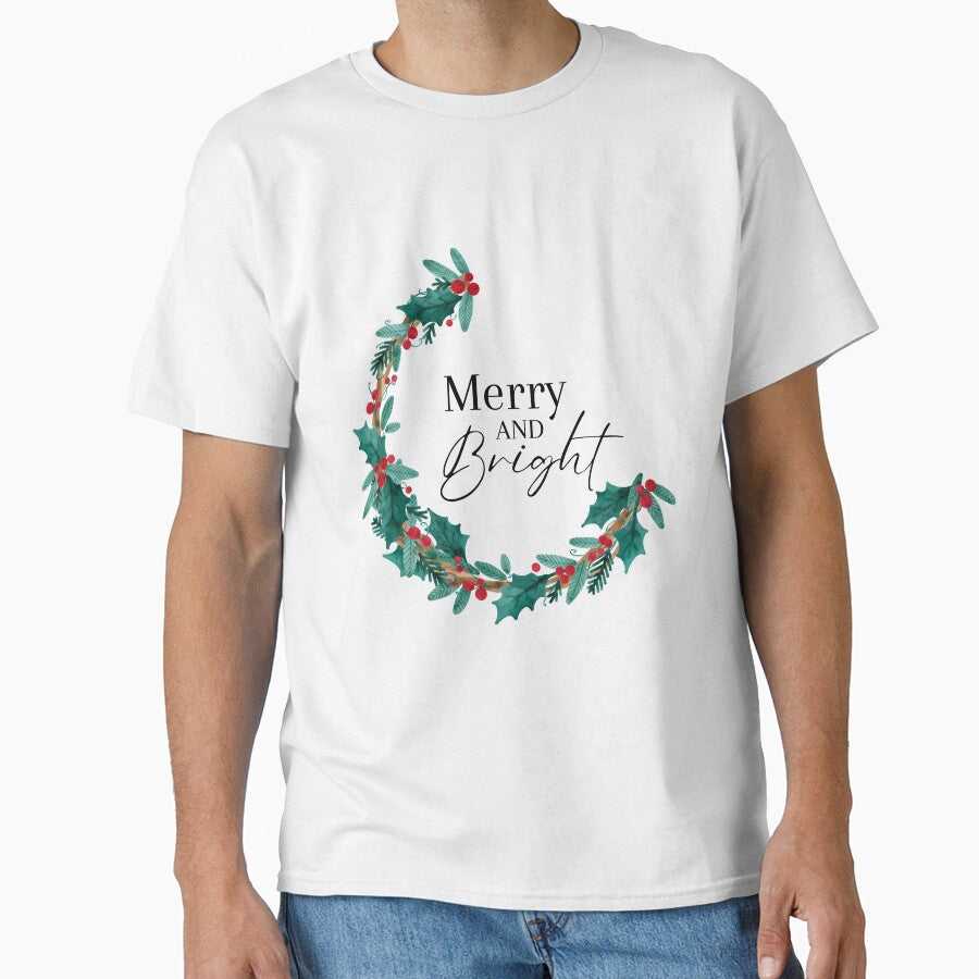 Merry and Bright crescent shaped minimal Christmas wreath with red berries by PeonyPeak