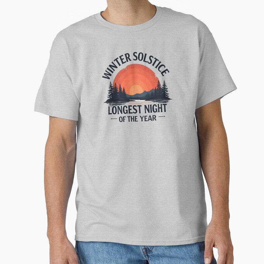 Winter Solstice T-Shirt - Longest Night of the Year Design, Retro Sunset and Forest Graphic Tee, Seasonal Celebration Apparel by WolfeMoonMerch