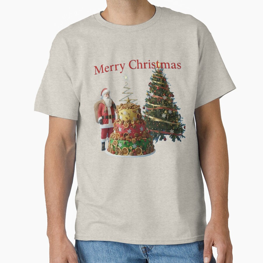 Santa with Christmas Cake and Decorated Tree Merry Christmas Scene by DroolWorthyUS
