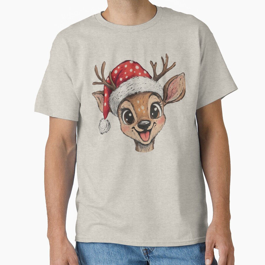 Cute Christmas Reindeer Shirt, Santa Hat Deer Graphic Tee, Kawaii Holiday Christmas Gift, Festive Winter Top by Phirivey