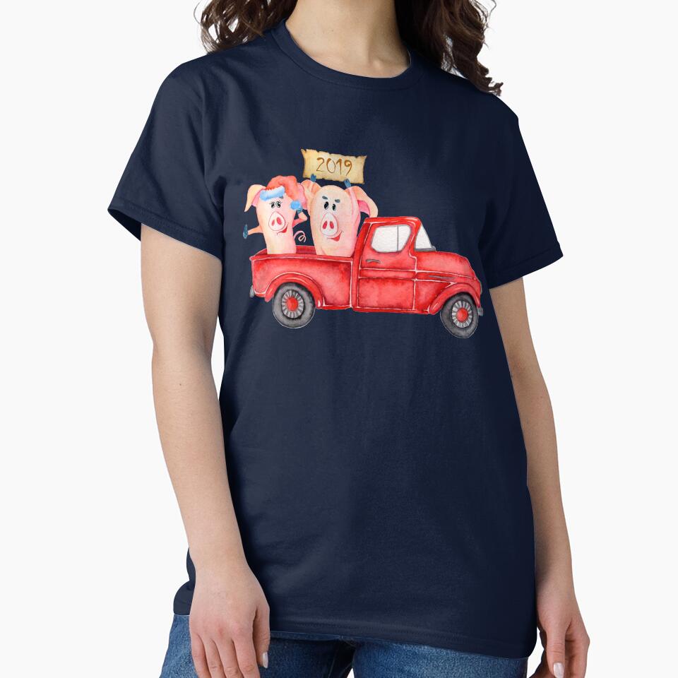 Christmas Classic Red Truck - 2019 Year of The Pig - The New Year Lucky Pigs by Maryna Denysenko