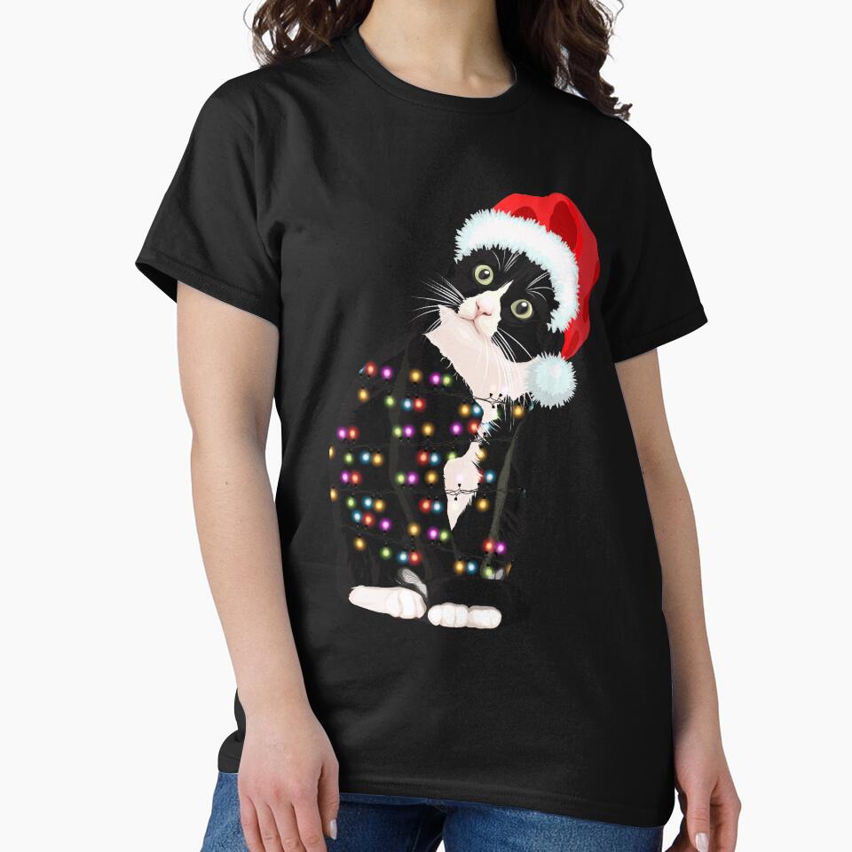Black Santa Cat Tangled Up In Lights Christmas Santa Illustration by swedtees