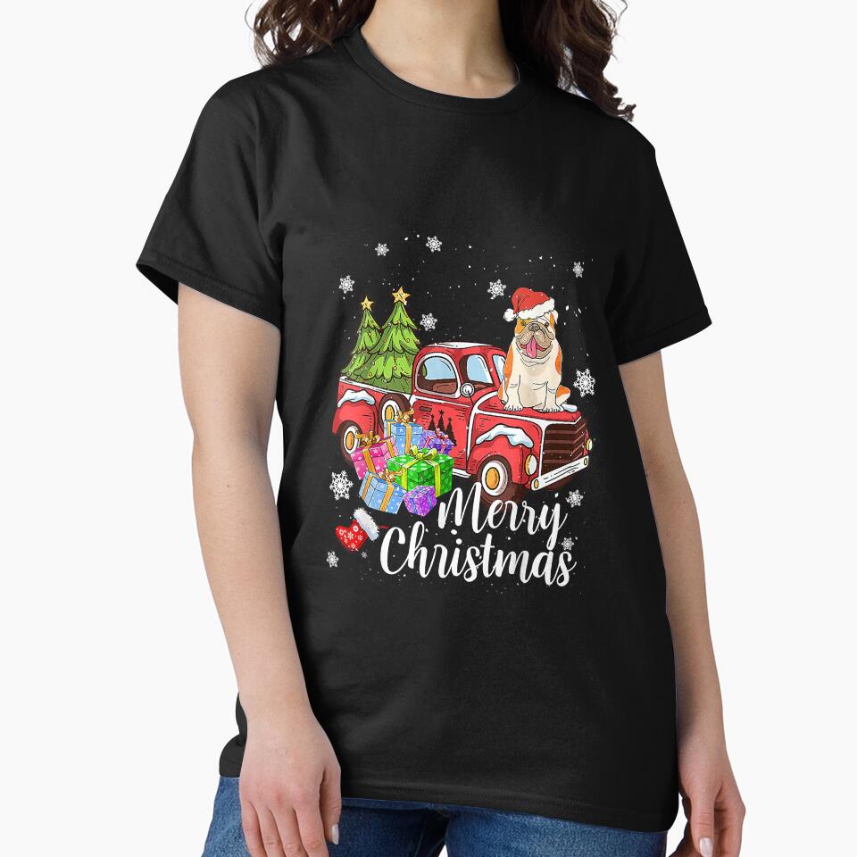 Bulldog Riding Red Truck Xmas Merry by frank3826