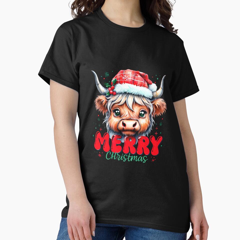 Highland Cow Christmas T-Shirt - Cute Cartoon Heilan Coo Merry Xmas by ArtisticDesignsbyLinda