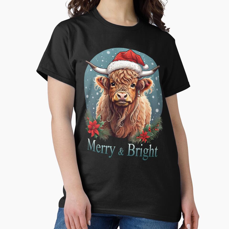 Highland Cow Christmas Merry and Bright, Scottish, Cow Xmas Farmer, Christmas sweater with cute Highland Cow by Collagedream