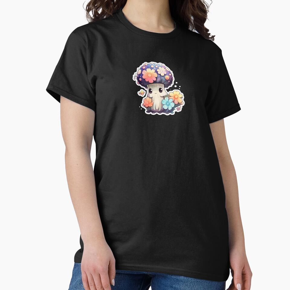 Cute Kawaii Flower Mushroom | Black Watercolour | Happy, Flower, Floral, Nature, Kawaii, Lovely, Girly by FantasySoul