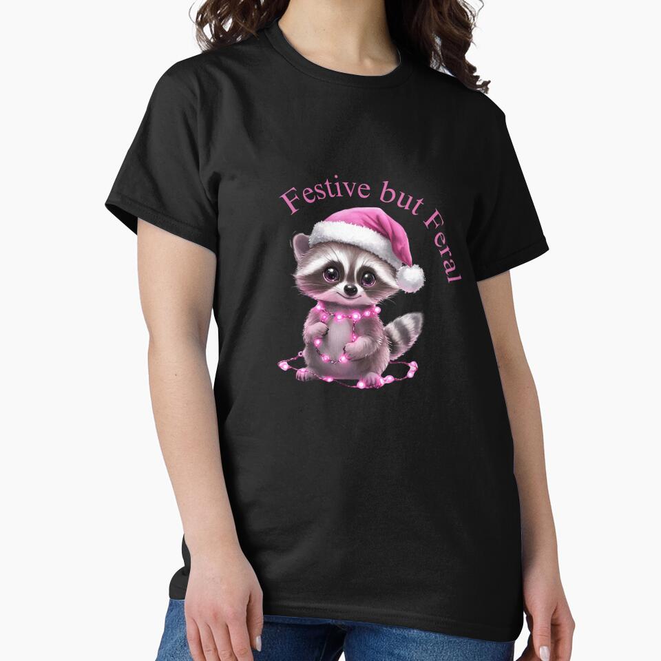 Festive but Feral | baby Raccoon with pink lights strapped around its body | Christmas/coquette | baby Raccoon ready for Christmas | by LorelaiS