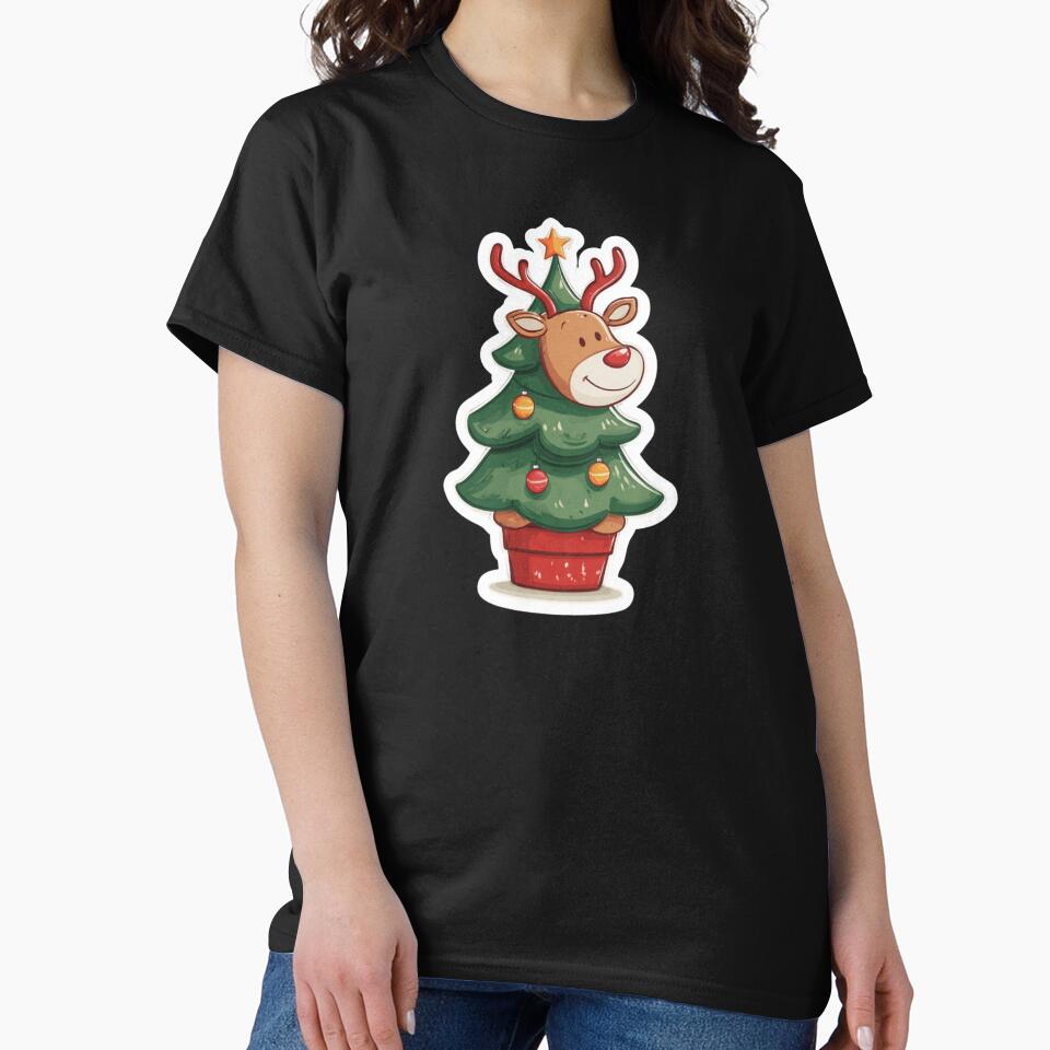 Reindeer on top of Christmas Tree Cartoon sticker desing by kndzxf