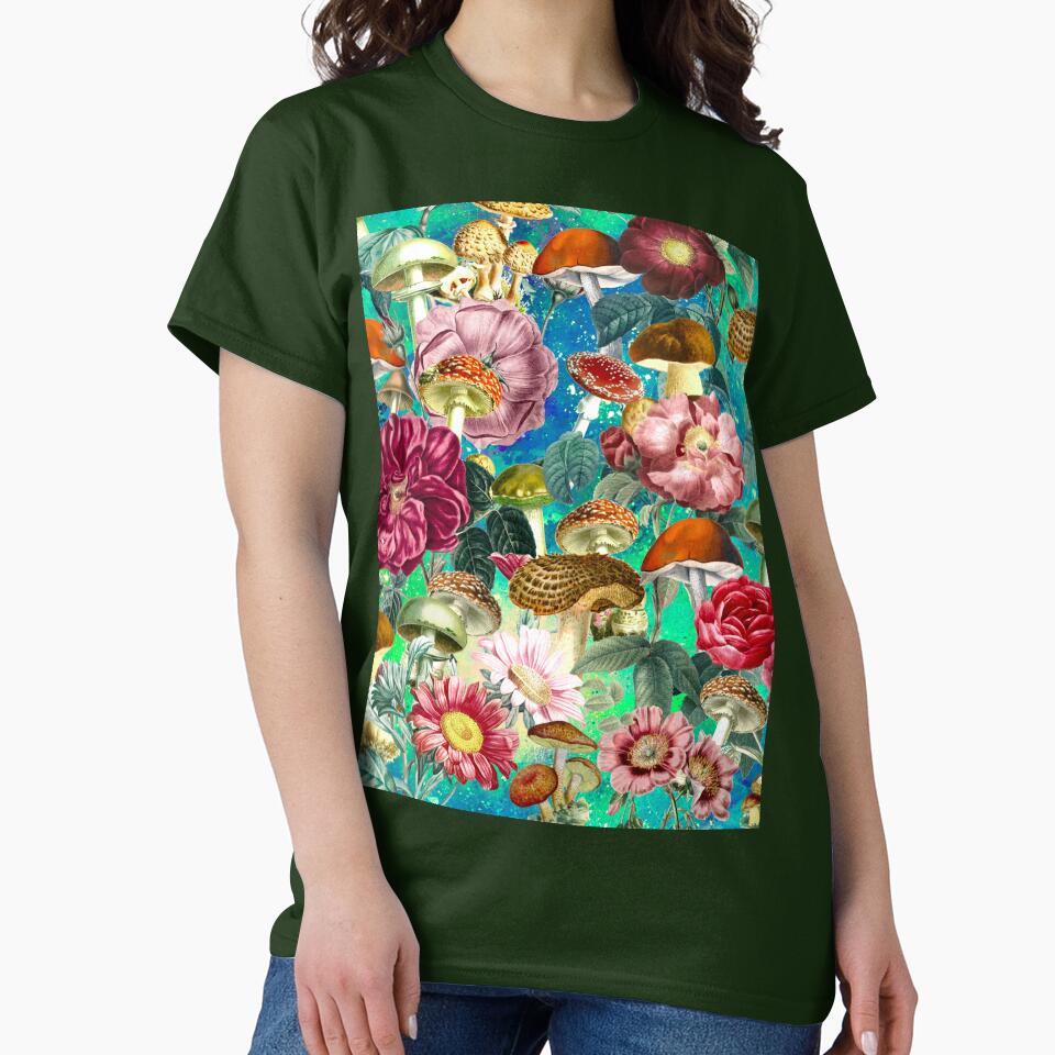 Vintage mushrooms and florals garden, shrooms and fungi, botanical pattern, mushrooms illustration, seamless pattern, blue turquoise pattern trendy by ZeinabTaha