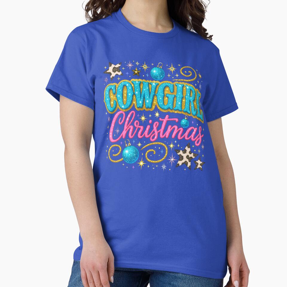 Cowgirl Christmas | Western Holiday Glitter Design | Turquoise, Gold & Pink Festive Cowgirl Art for Apparel & Gifts by PixelExpressStudio