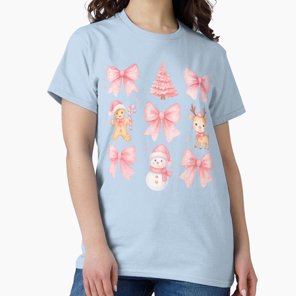 Pink Christmas Cute Illustration with Bows Reindeer Snowman by ArtfulWeave