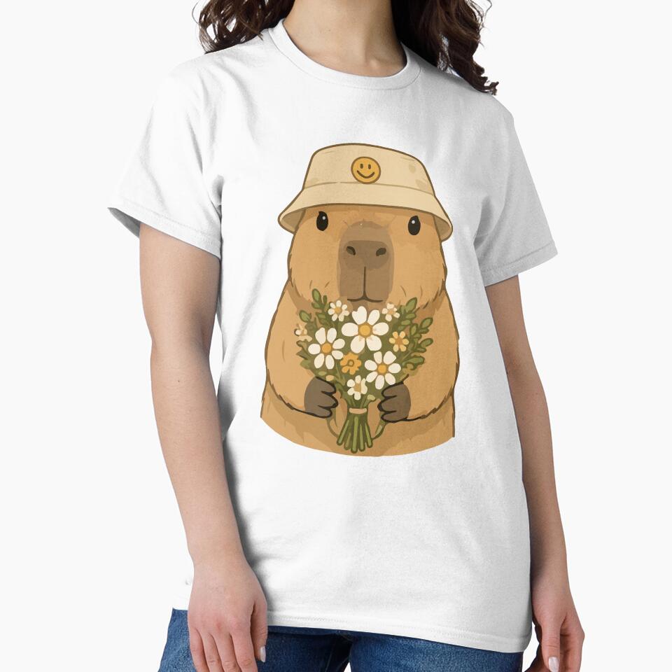 Capybara Cartoon with Flowers and Smiley Hat by stylishdzign