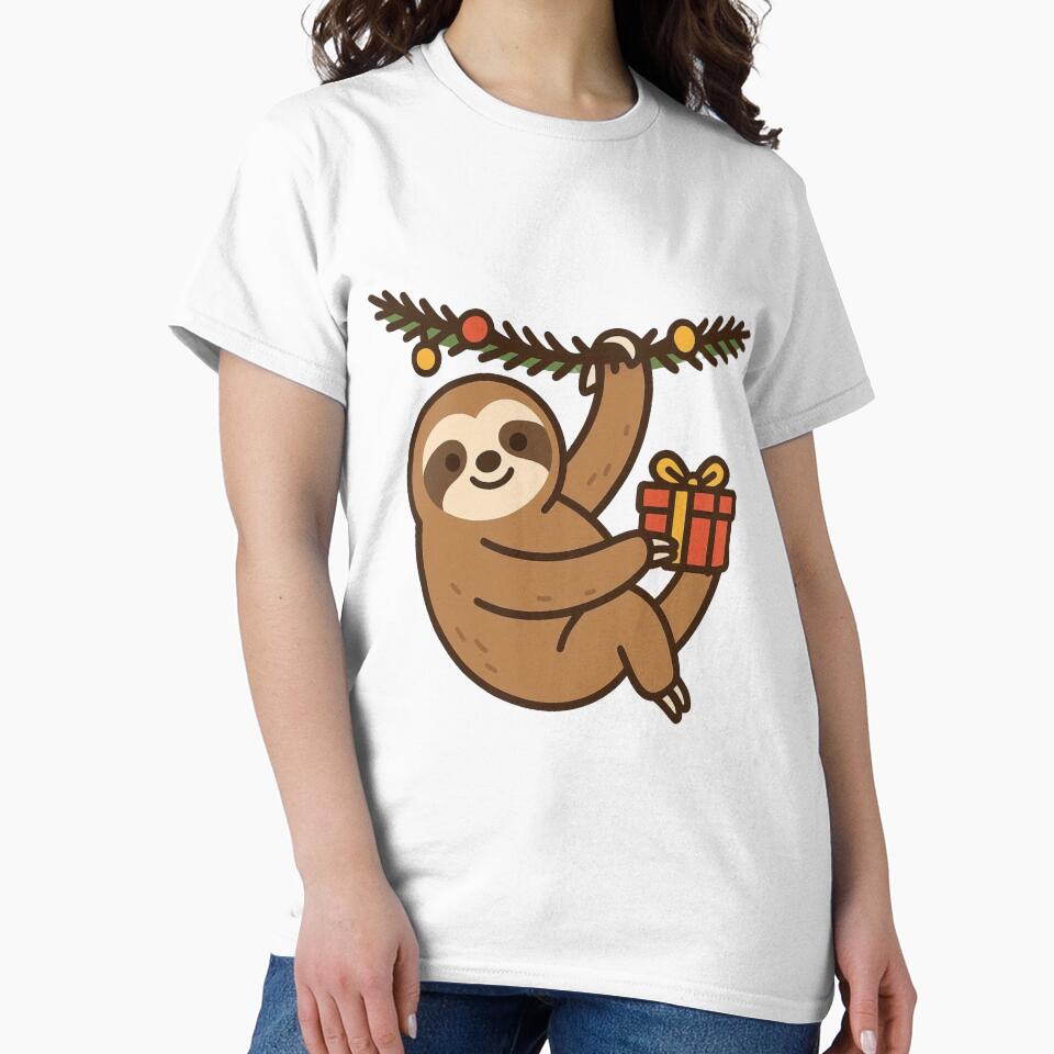 Sloth Hanging from Garland with Gift – Cute Holiday Character by Confuzz1ed