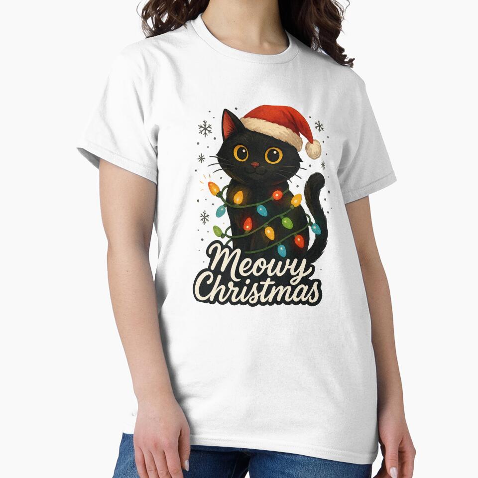 Meowy Christmas Black Cat with Santa Hat & Lights – Festive Holiday Design by DailyDrivesct