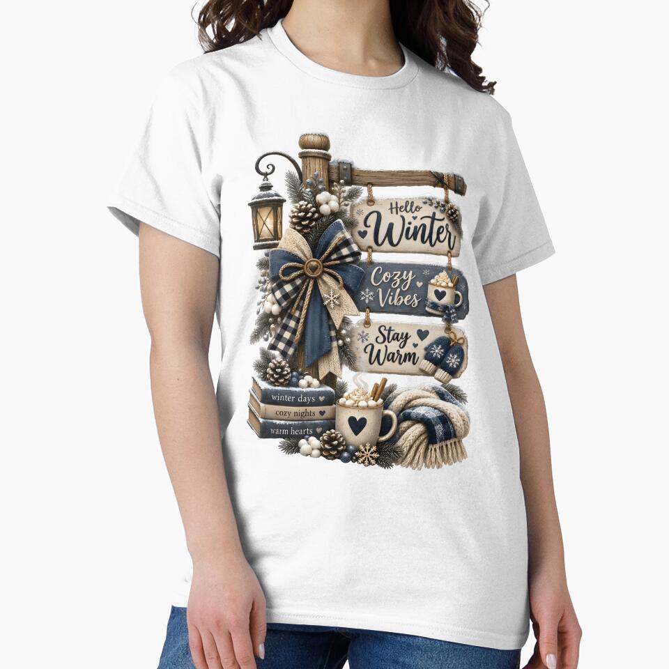 Hello Winter Shirt, Cozy Winter Bow Graphic Tee, Cute Coffee Lover Shirt, Rustic Cabin Aesthetic, Stay Warm Gift by SChouseclothing