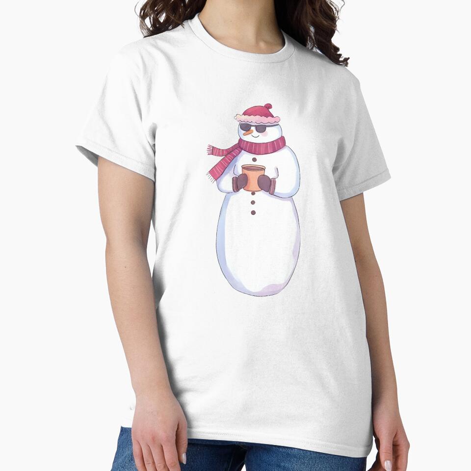 A cool snowman wearing sunglasses and holding a mug of hot cocoa, confident pose, cute sticker design, bold outline, transparent background, winter holiday theme by Palmate-m
