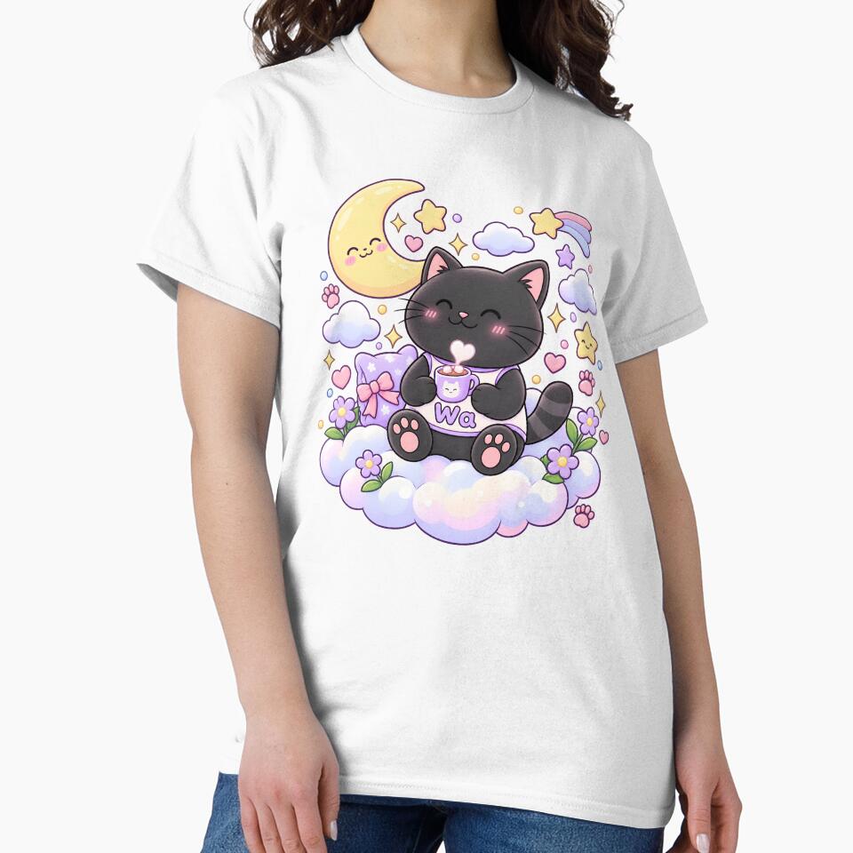 Kawaii Black Cat Drinking Hot Cocoa Under the Moon Cute Cartoon Animal Design by Wawa5656