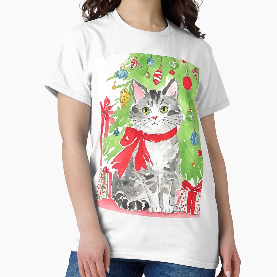 Christmas Cat Coquette Watercolor by Magnolia Valley Art