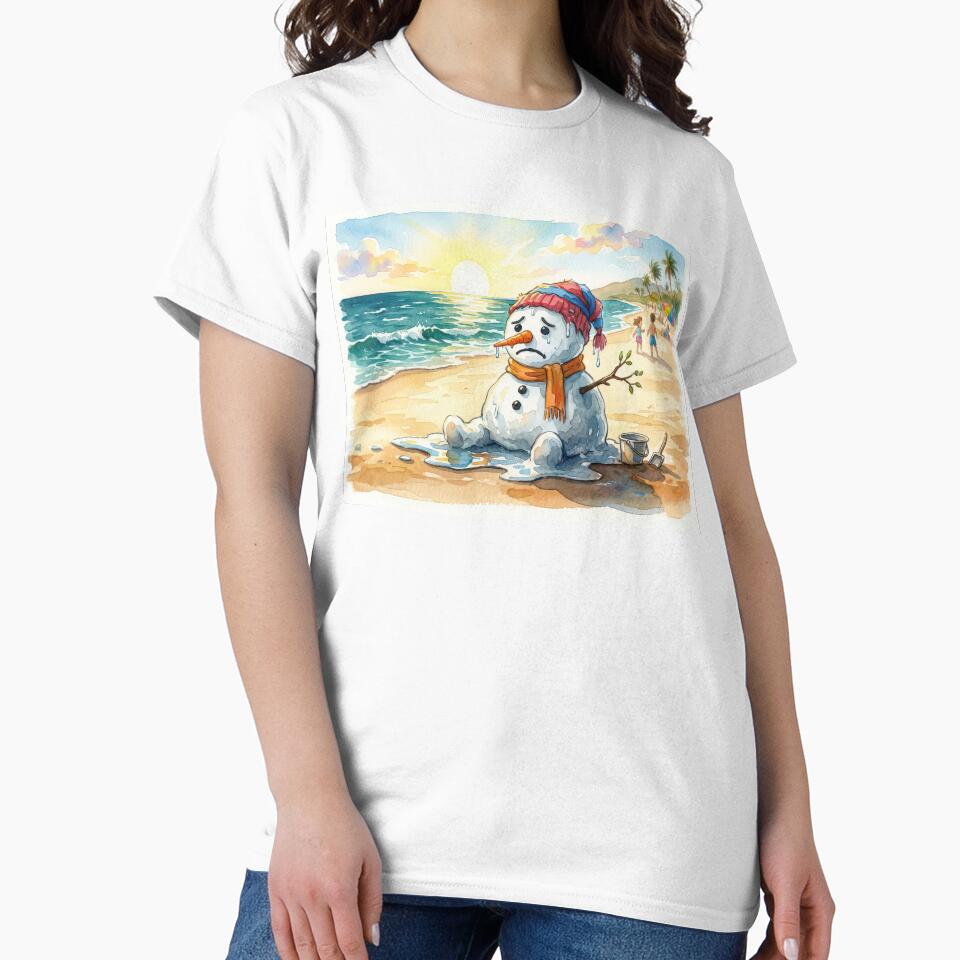 Sad Melting Snowman on a Summer Beach Watercolor by enes_photography