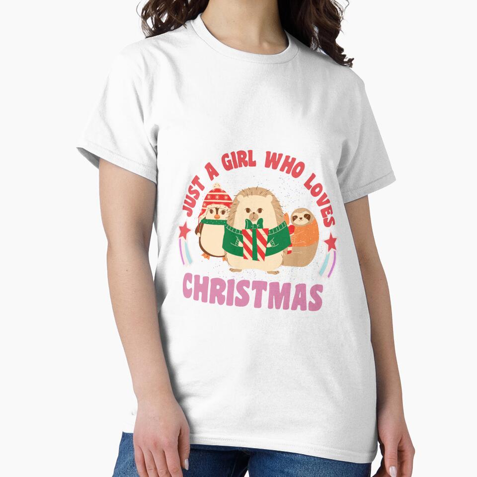 Merry Christmas Womens Girls Pink Tree Christmas Just A Girl Who Loves Christmas Retro Vintage Christmas Design by CandyDroidMerch