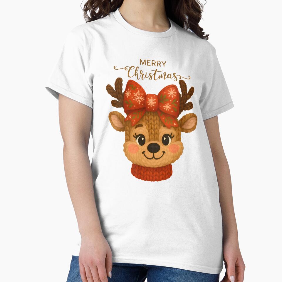 Cute Reindeer with Red Bow – Merry Christmas Knitted Illustration by Happy'CLICK'