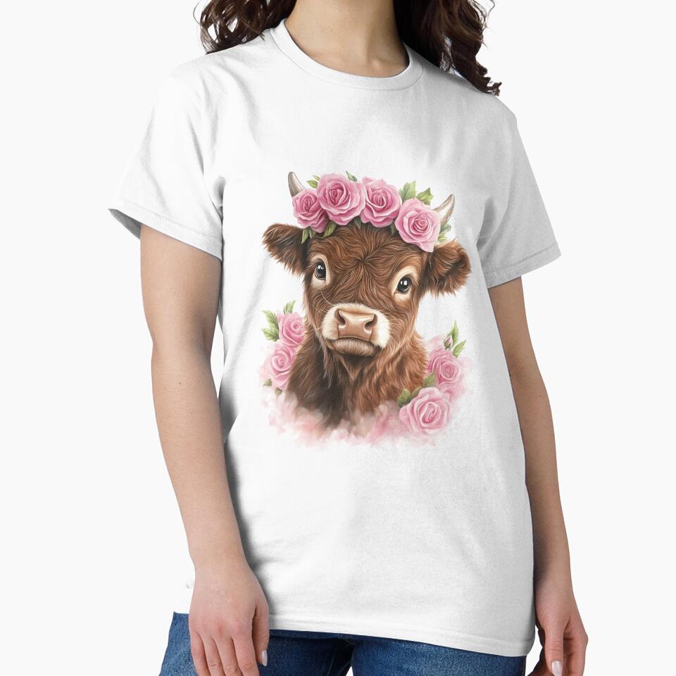 Baby Highland Cow with Roses by rosebudprintco