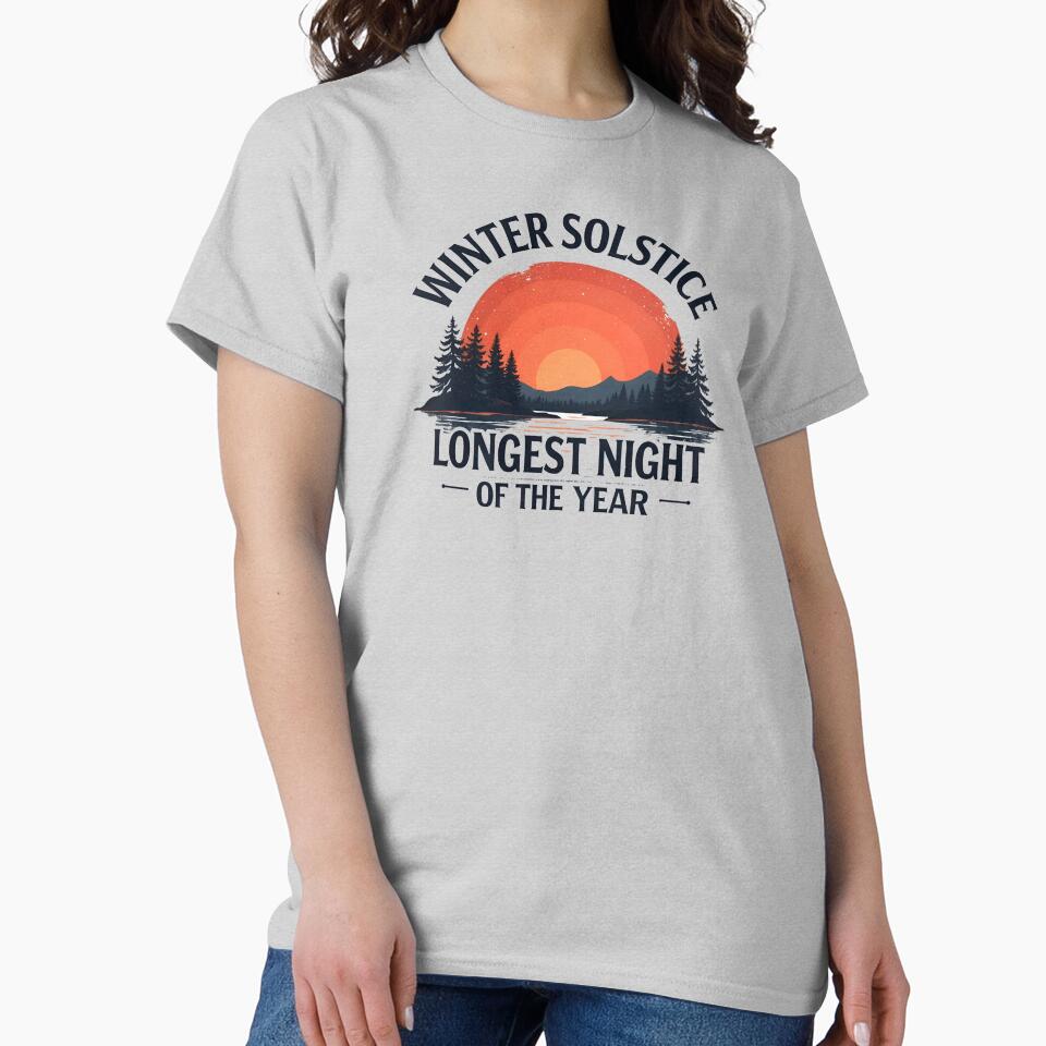 Winter Solstice T-Shirt - Longest Night of the Year Design, Retro Sunset and Forest Graphic Tee, Seasonal Celebration Apparel by WolfeMoonMerch