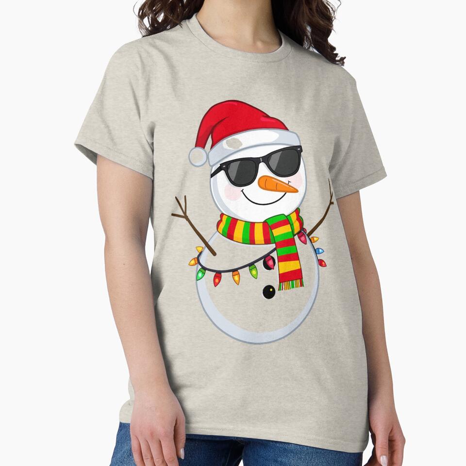 Cool Snowman Christmas Illustration – Santa Hat, Sunglasses & Colorful Lights by PixelVibe782