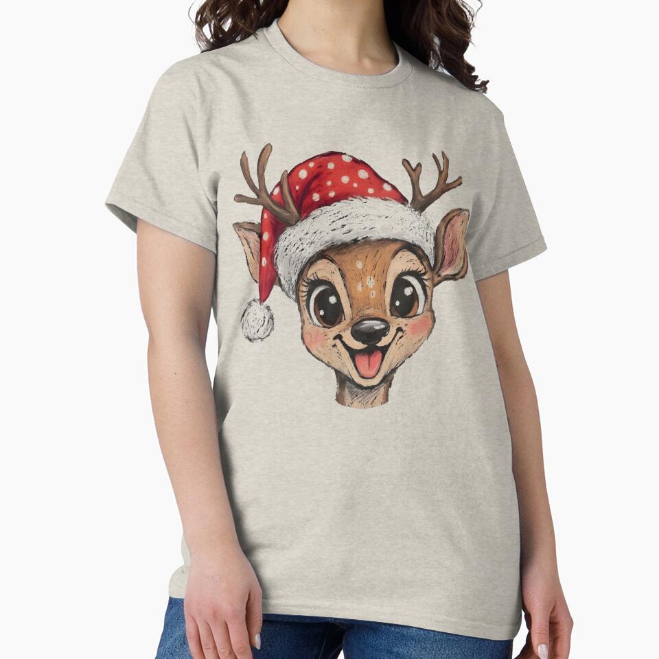 Cute Christmas Reindeer Shirt, Santa Hat Deer Graphic Tee, Kawaii Holiday Christmas Gift, Festive Winter Top by Phirivey