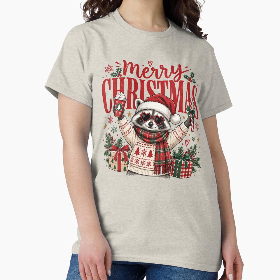 Merry Christmas Raccoon, Cute Holiday Coffee, Festive Woodland Animal, Cozy Christmas Coffee Lover, Adorable Winter Holiday Gift by Quiajia