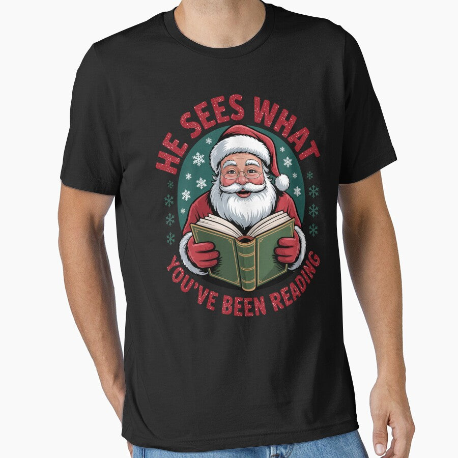 He Sees What You’ve Been Reading Funny bookish Christmas Design by FreshVibe Prints