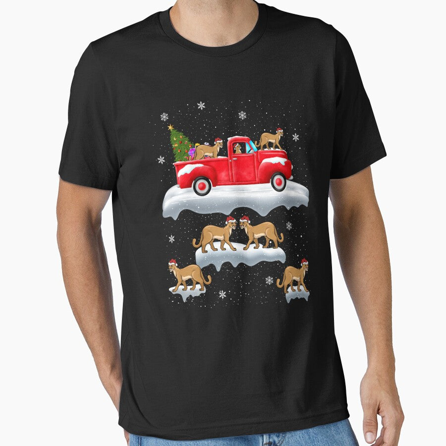 Cougar Driving Christmas Tree Red Truck Cougar Christmas by saldcharig