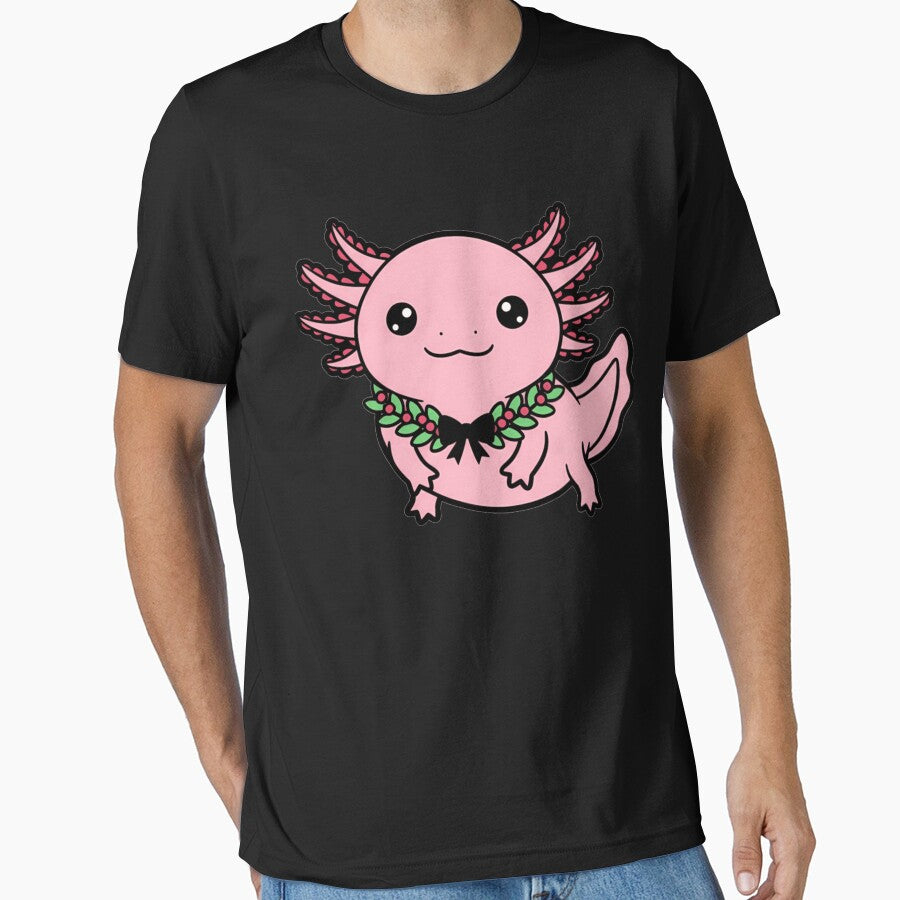 Kawaii Pink Axolotl with Festive Holiday Wreath by k3rstman1