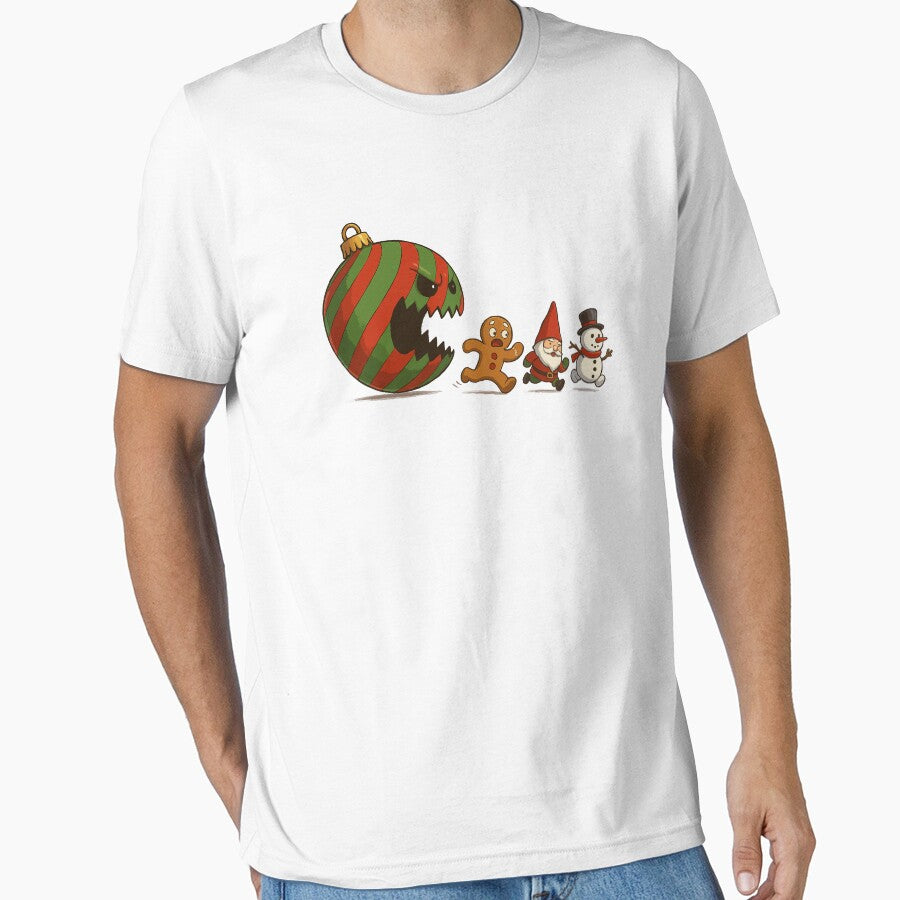 Christmas Chaos: Killer Ornament Chasing Gingerbread Man, Gnome & Snowman – Funny Holiday Horror Art by BrainBubbleArt