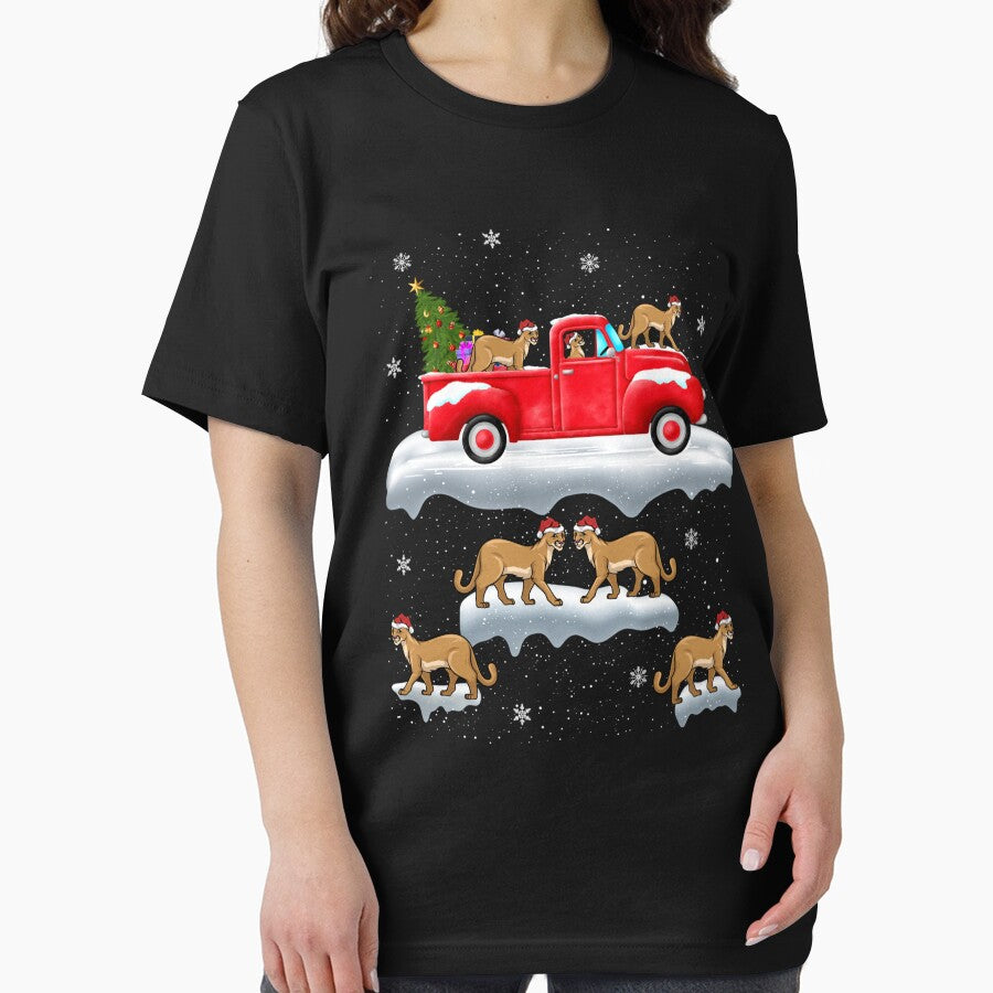 Cougar Driving Christmas Tree Red Truck Cougar Christmas by saldcharig