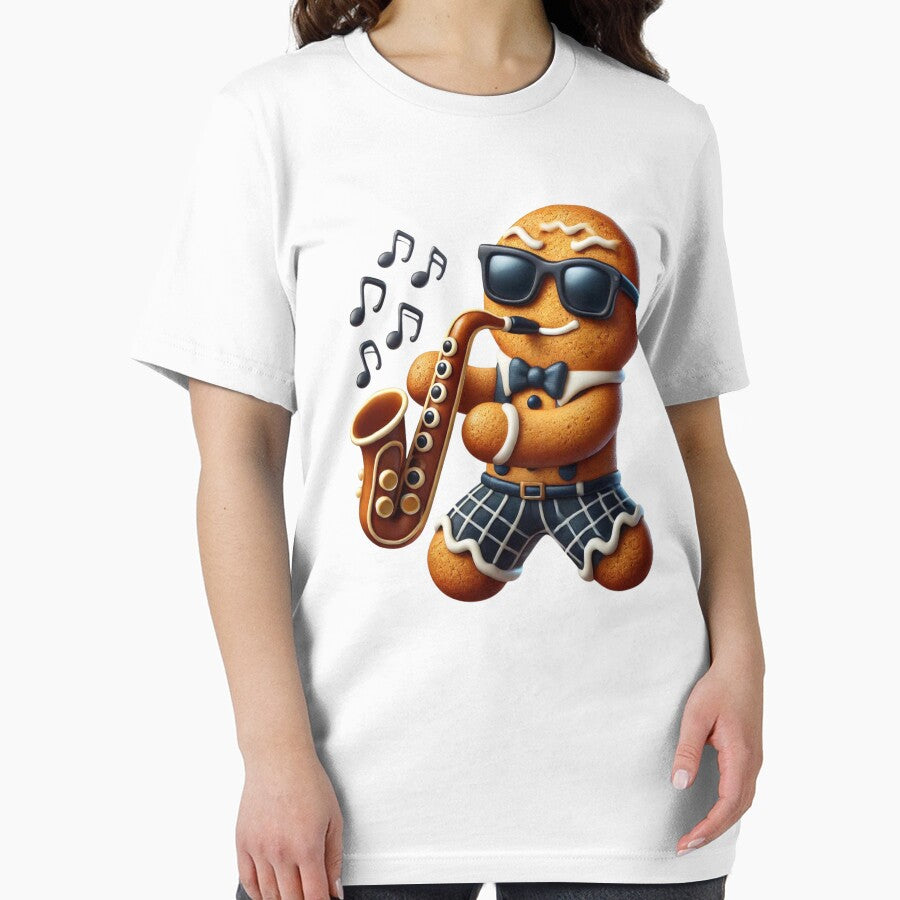 Gingerbread Sax Player Christmas Tee – Jazzy Holiday Fun by BlankCanvasHaHa