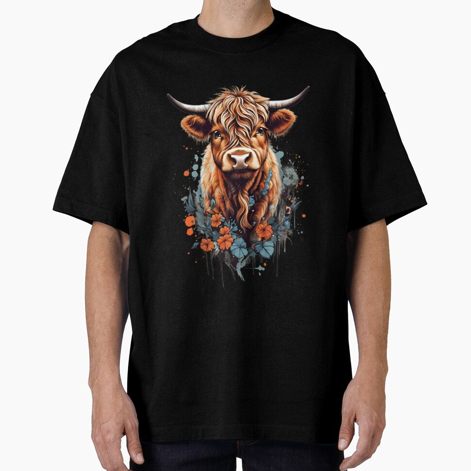 Cute Highland Cow, Red and Blue Flowers by BajanTees