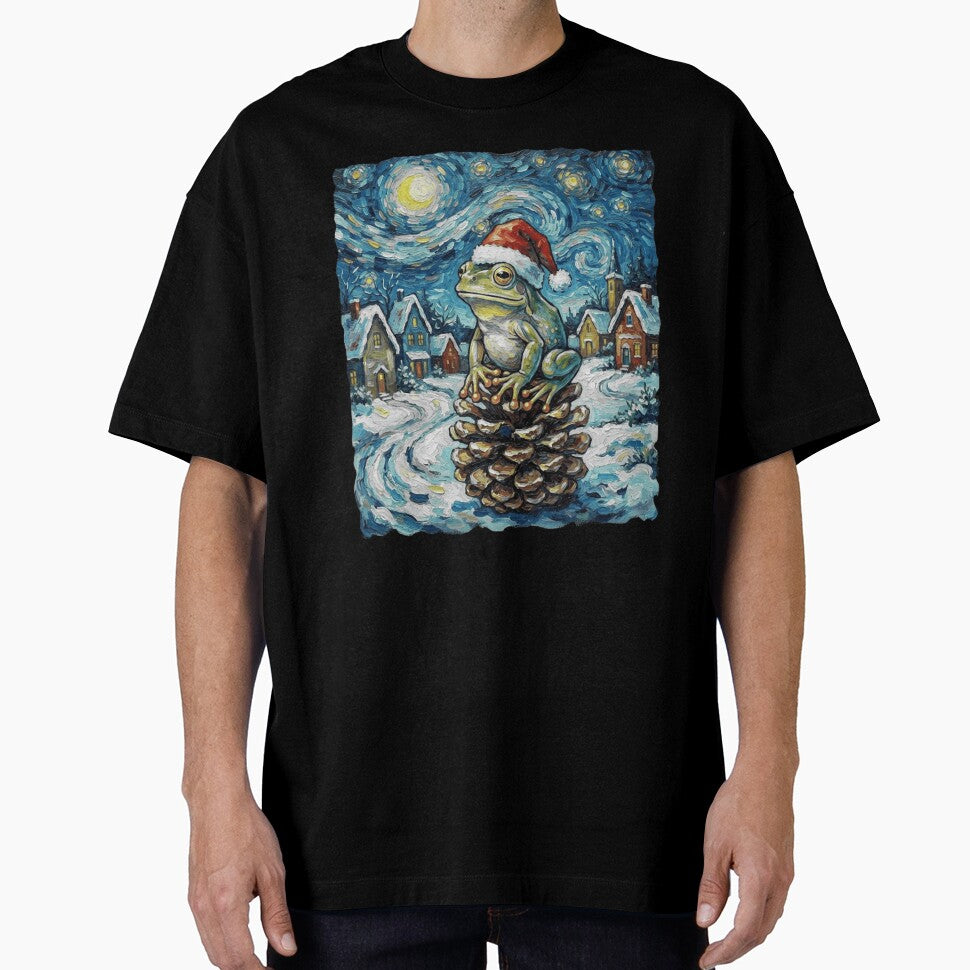 Christmas Frog on Pinecone in Swirling Winter Village by MiALopezArt