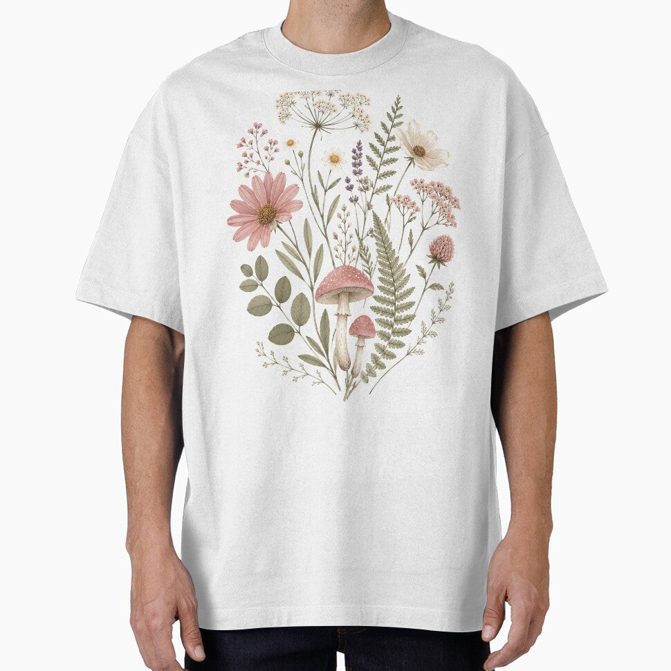 Wildflower and Mushroom Botanical Bouquet T-Shirt by BhavyaMR