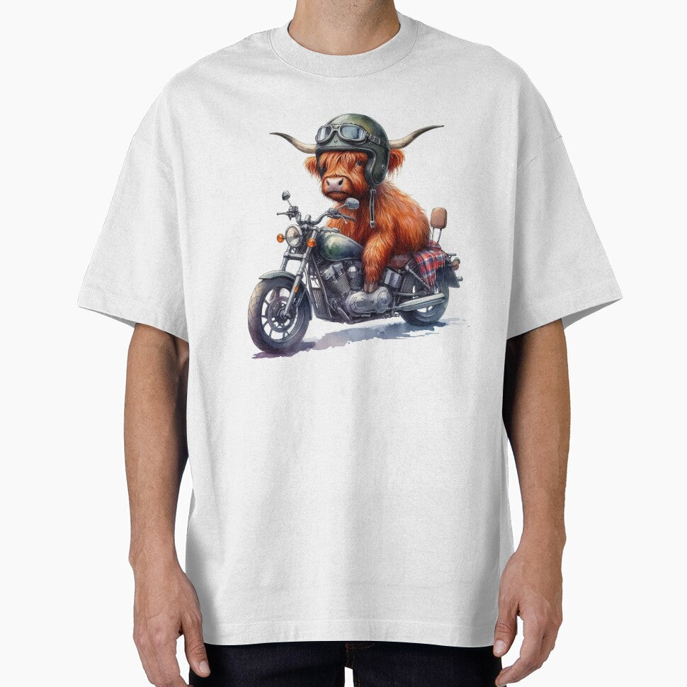 Cool Scottish Highland Cow on a Motorbike Colorful Watercolor by MaedK