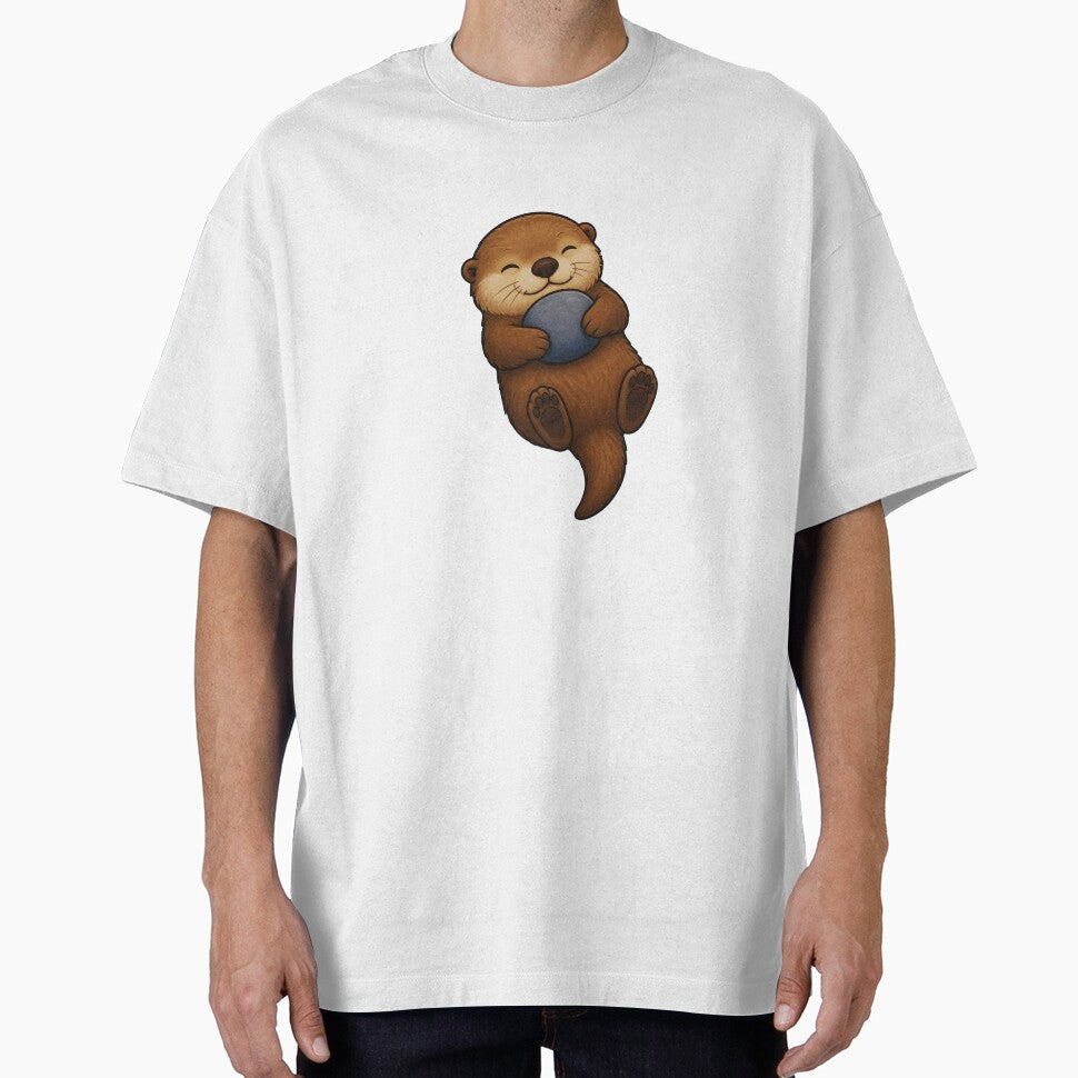 Cute Sea Otter Floating with Rock - Kawaii Ocean Animal Art by Knacky Print